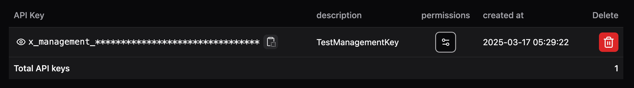 Management API Key一覧画面のイメージ